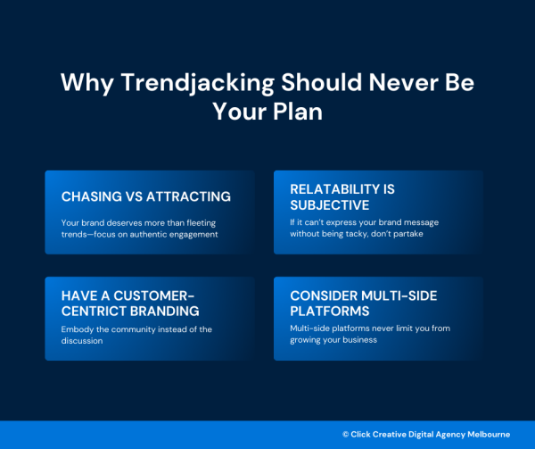 A graphic with descriptive points about why trendjacking should never be your plan