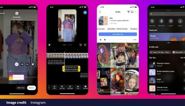 Instagram Reels interface showing multiple audio tracks being added for enhanced creativity